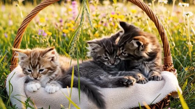 An enchanting scene unfolds with three adorable young kittens nestled comfortably inside a rustic wicker basket, lined with a soft, white blanket. The basket rests gently amidst a vibrant field of lus