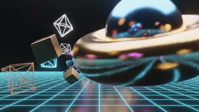 Dynamic abstract 3D render of reflective geometric shapes moving over a glowing