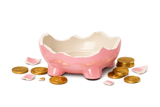 Broken pink piggy bank with gold coins and ceramic shards, symbolizing debt, bankruptcy, and failed personal savings