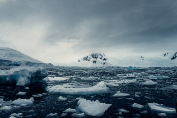 View of floating ice pieces in Antarctic waters with dark clouds and distant mountains in the background during cold weather © ANITEK MEDIA 