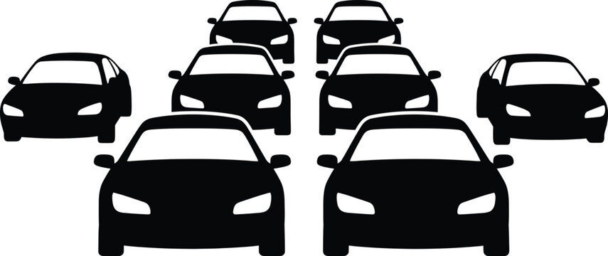 A group of seven black cars arranged in a triangular formation on a white background