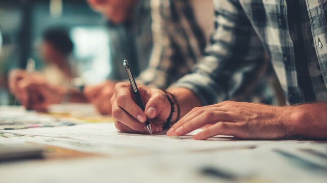 Graphic artists refining typography layouts for book interior on blurred background