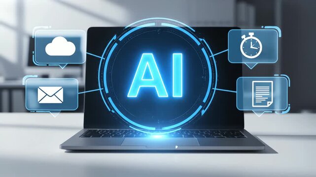 Unleashing the Power of Artificial Intelligence AI technology displayed on a laptop screen, symbolizing smart solutions for data management, communication, and process optimization