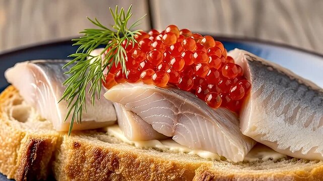 A mouth-watering close-up showcases a beautifully crafted open-faced sandwich, featuring a substantial slice of rustic bread generously spread with a creamy base. Succulent, silvery fish fillets are e