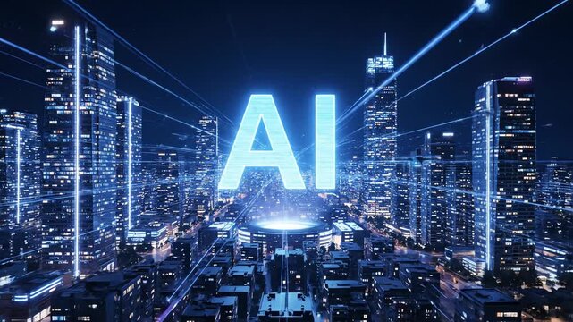 Artificial Intelligence concept illuminating a futuristic city at night, showcasing the integration of advanced technology and digital networks in urban development and innovation