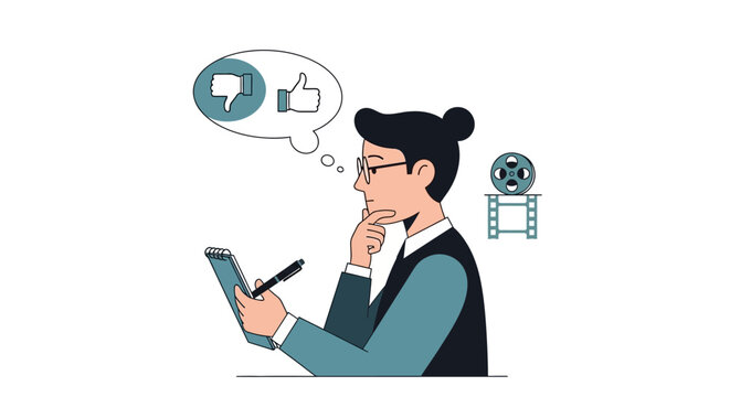 A flat design illustration of a film critic reviewing a movie, symbolizing the critical evaluation aspect of the Cannes Film Festival. The minimalist style conveys contemplation and judgment.
