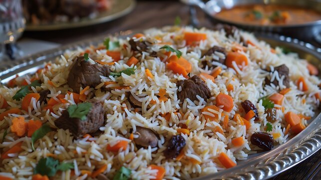 Platter of fragrant pilaf with tender meat and vibrant dried fruits and vegetables.