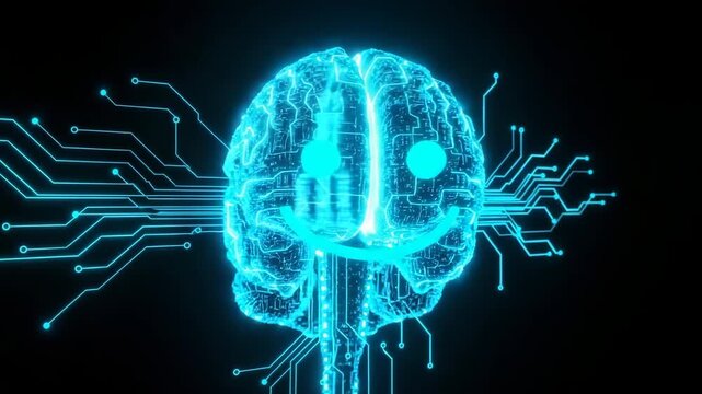 Glowing Digital Brain Smiling Connected Via Circuit Board Symbolizes Ai Technology Positive Thinking Cognitive Computing Against Dark Background Future Trends