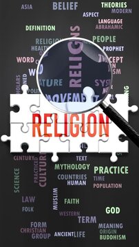 Religion under magnifying glass, being researched, studied and examined. Most important subjects and ideas closely related to religion written around a puzzle to symbolize complexity of religion.