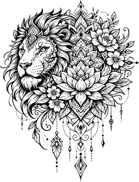 Majestic Lion Head with Floral Mandala Ornament &ndash; Detailed Black and White Line Art Illustration, Boho Tattoo Style Lion with Flowers, Decorative Mandala Animal Design for Adult Coloring Page, Wildlif