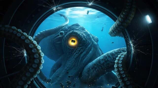 Giant Monstrous Sea Creature Possibly Colossal Squid Kraken Attacks Submarine Underwater Vessel Seen From Circular Window Deep Ocean Marine Life In The Background Concept For Fantasy