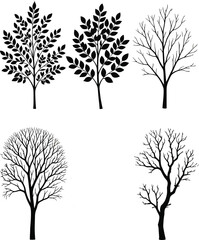 Obraz premium Black silhouette illustrations of trees with diverse shapes, leafy foliage, and intricate branching patterns for botanical studies, landscape design, environmental concepts, and artistic projects