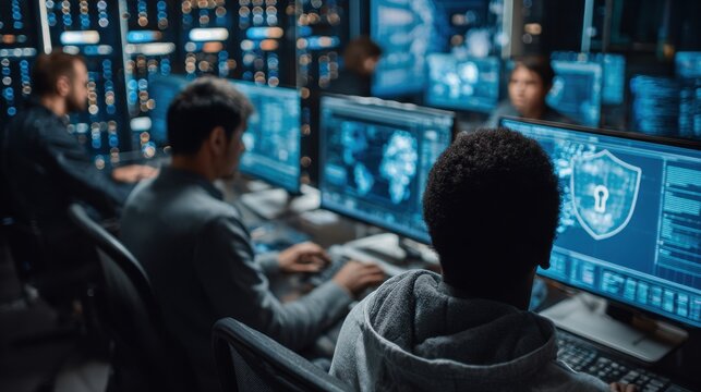 Cybersecurity team protecting banking network systems on blurred background