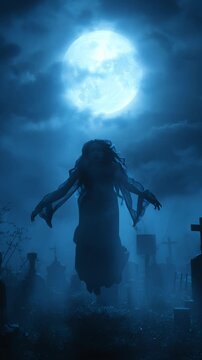 A ghostly banshee woman floating in the air above an old graveyard, her dark flowing dress and long hair drifting in the night wind. A bright full moon glows behind her, creating a luminous halo 