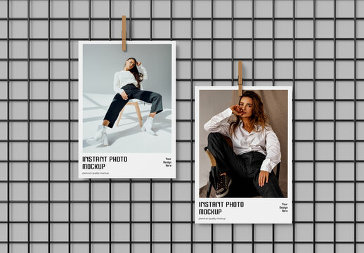Hanging Instant Photo Mockup with Grid Wall