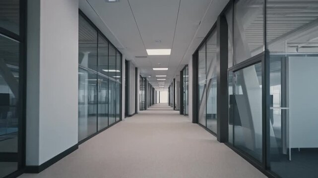 Modern Office Corridor with Glass Walls.