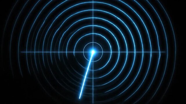 Blue glowing radar screen with a scanning beam detecting objects