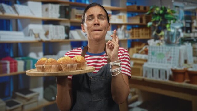 Woman baker holding wooden tray of muffins with fingers crossed while wearing apron in bakery shop; hope wish luck.