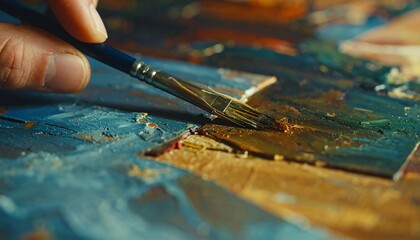 Fototapeta premium Brushstrokes of Creativity: An artist's hand delicately guides a paintbrush across a vibrant palette, embodying the essence of art and the journey of creation. 