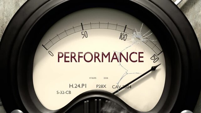 Performance meter showing big levels of performance. Dangerously increasing high values of performance, critical overload. Too much, off the charts. Max performance