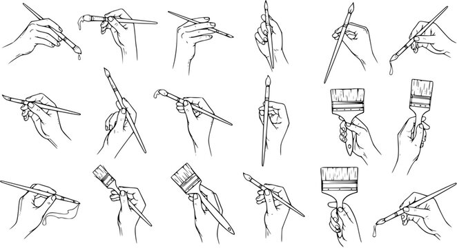 Art  Craft Black  White Line Art Vector Illustration Set: Diverse Hands Holding Paintbrushes and Artist Tools for Creative Design and Education