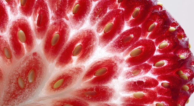 Vibrant Red Strawberry Cross-Section Macro, Revealing Juicy Flesh and Golden Achenes.