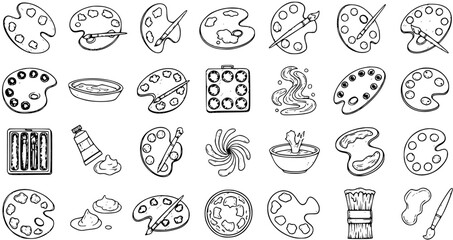 Black and White Line Art Icons of Painting Supplies: Palettes, Brushes, Paint Tubes, Water Dish, and Splatter