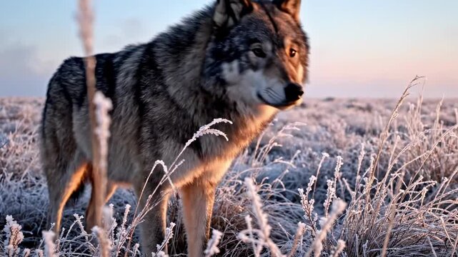 A majestic northwestern wolf strides through a frosty landscape, its thick fur glistening with ice crystals, as the dawn light casts a soft glow over the snowy terrain