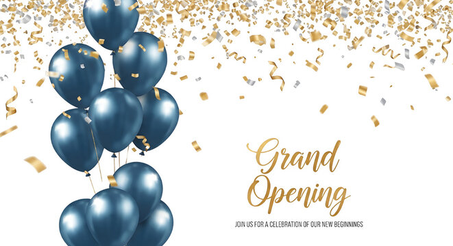 Blue Balloons Grand Opening White Background Golden Confetti Celebration Isolated
