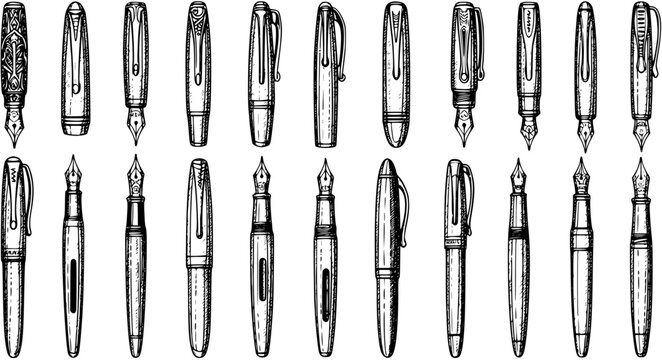 Vintage Fountain and Ink Pens Collection in Hand-Drawn Black and White Line Art for Education, Writing, Office, and Stationery Design