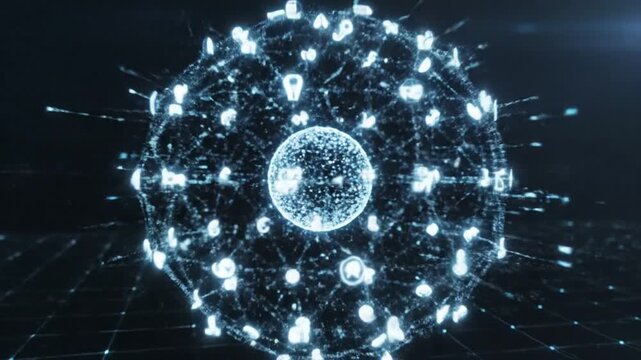 Futuristic glowing levitating dome over a dark grid landscape with radiant blue circuitry