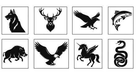 Fototapeta premium Animal silhouettes collection with wolf deer bird fish and more on transparent background