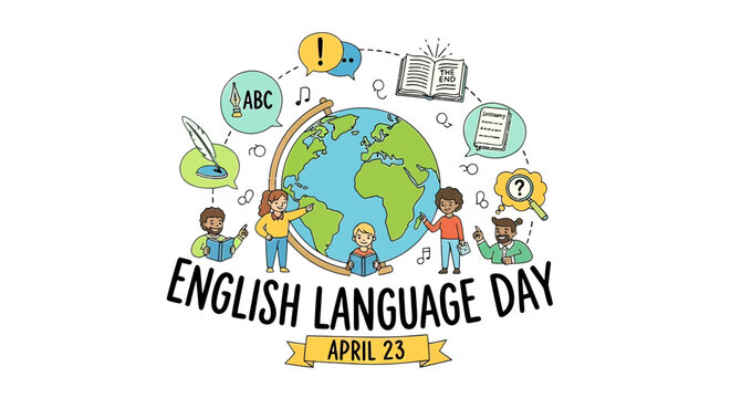 English Language Day Illustration with Globe and People.