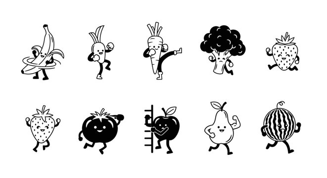 Cute cartoon fruits and vegetables with arms and legs silhouette on transparent background