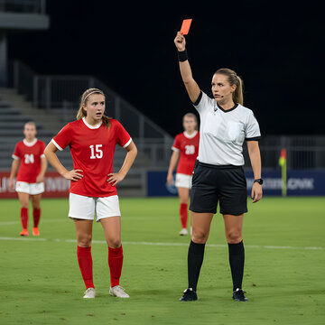 A female soccer referee holding up a red card to a player during a match