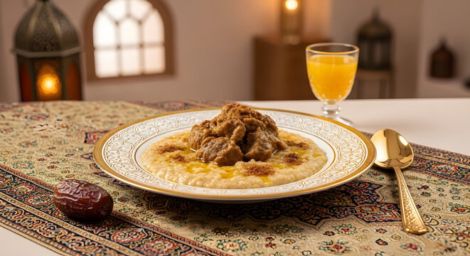 Traditional Middle Eastern Harees or Jareesh Served with Meat, Dates, and Orange Juice