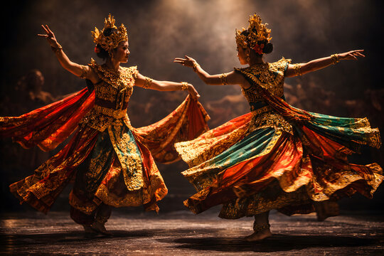 Traditional Balinese Dancers in Ornate Gold Costumes