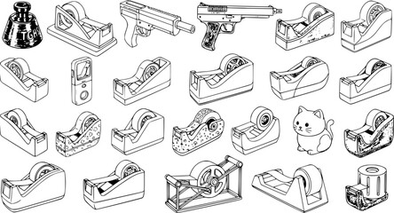 Black and White Line Art of Various Tape Dispensers, Gun, Inkwell, and Cat © pixsource