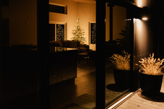 A view of a lit Christmas tree inside a cabin at night.