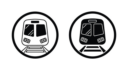 A black and white illustration of two train icons facing forward in circular frames © JASIYA