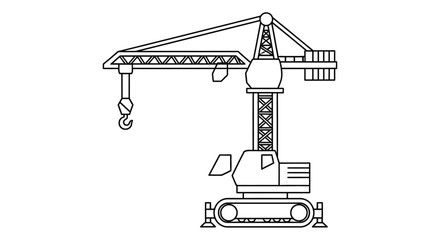 Simple line drawing of a crawler crane with a boom and hook © Imdadul_Studio