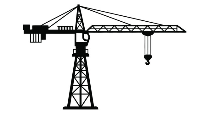 Simple black and white illustration of a tower crane with a hanging hook