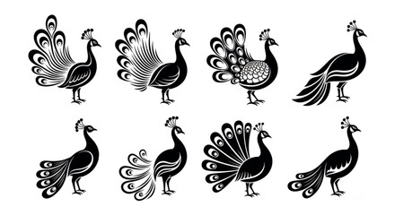 Fototapeta premium Peacock silhouette vector set elegant decorative birds with ornamental tail feathers black design collection for logo pattern illustration