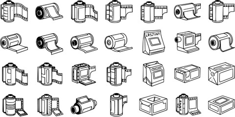 Black and White Line Art Icons of Film Rolls and Boxes for Photography
