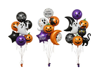 Fototapeta premium Halloween Balloons Ghost Pumpkin Cat Moon Stars Isolated Transparent Background
