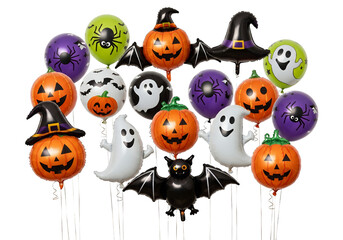 Obraz premium Halloween Balloons Pumpkins Ghosts Bats Witch Hats Orange Purple Green Spiders Isolated