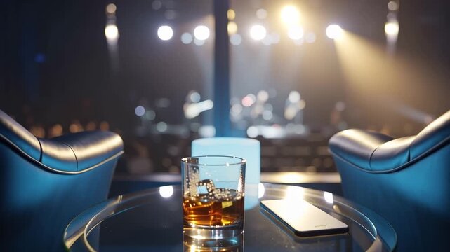 Dimly lit lounge with whiskey and phone overlooking concert stage dynamic motion