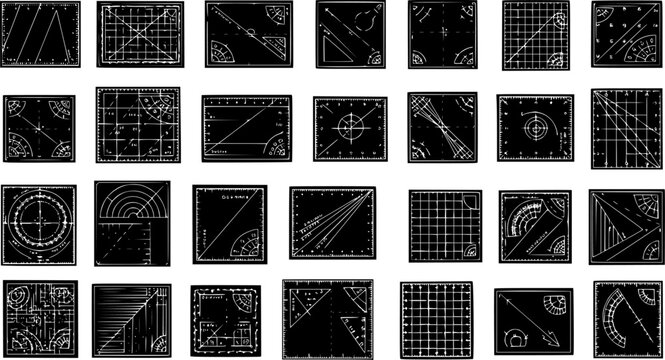 Black  White Geometric Engineering  Architecture Glyphs. Vintage Line Art Set of Technical Drawing Shapes, Drafting Tools  Math Diagrams.
