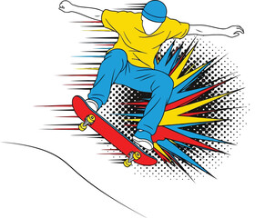Dynamic Pop Art Skateboarder Jumping with Colorful Comic Style Explosion Background © Bacon