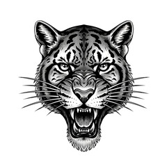 Fototapeta premium Aggressive Tiger Head Illustration, Roaring, Black and White
